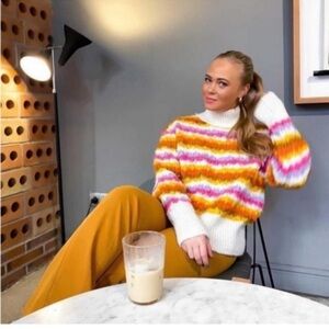 ZARA Striped Knit Woven Jacquard Rainbow Multicolor Cozy Sweater Medium